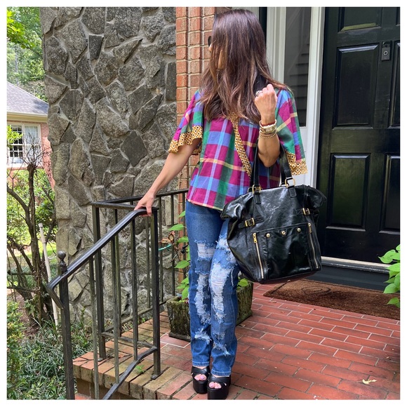 21 Boho Blue Green Purple Plaid with Gold Trim Crossover Top - Picture 10 of 10